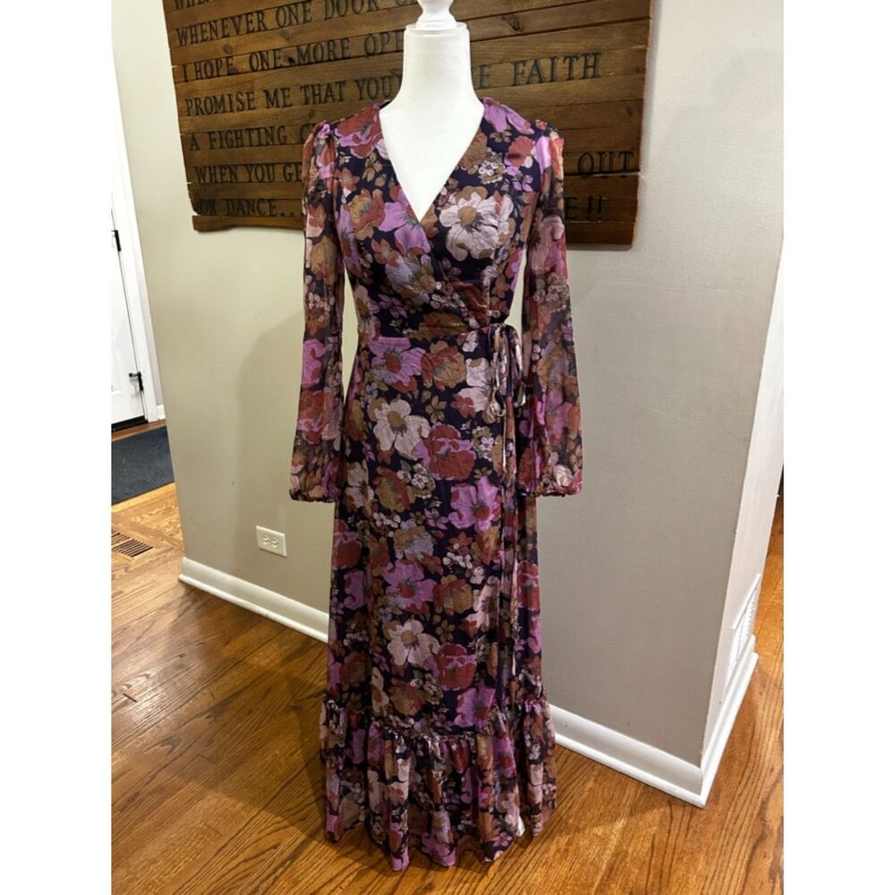 Lulu's Feeling Sweet Floral Print Long Sleeve Wrap Maxi Dress